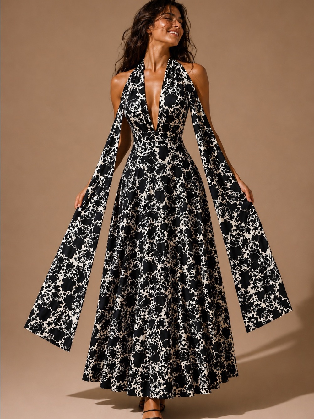 Black & White Floral Halter Maxi Dress - Elegant Evening Gown